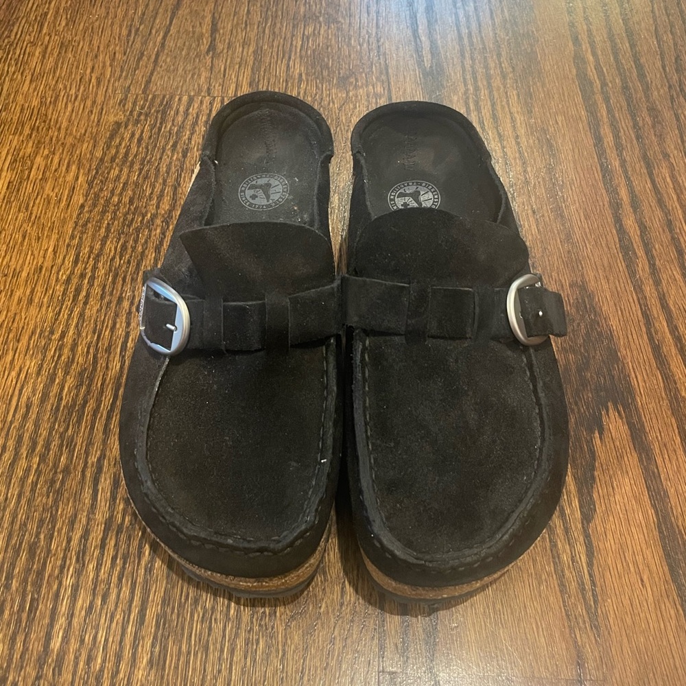 Birkenstock Black Suede Mules with Buckle